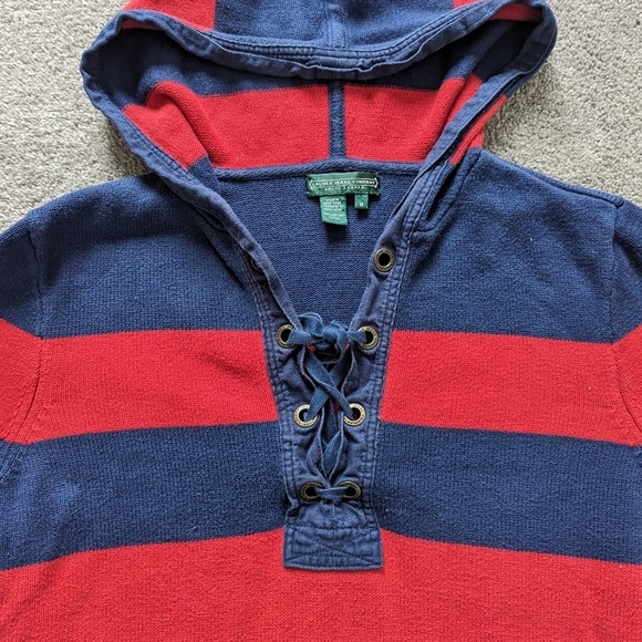 Ralph Lauren Jeans Co Hoodie Womens Small Red Blue Striped Hooded Henley Neck - Picture 3 of 9